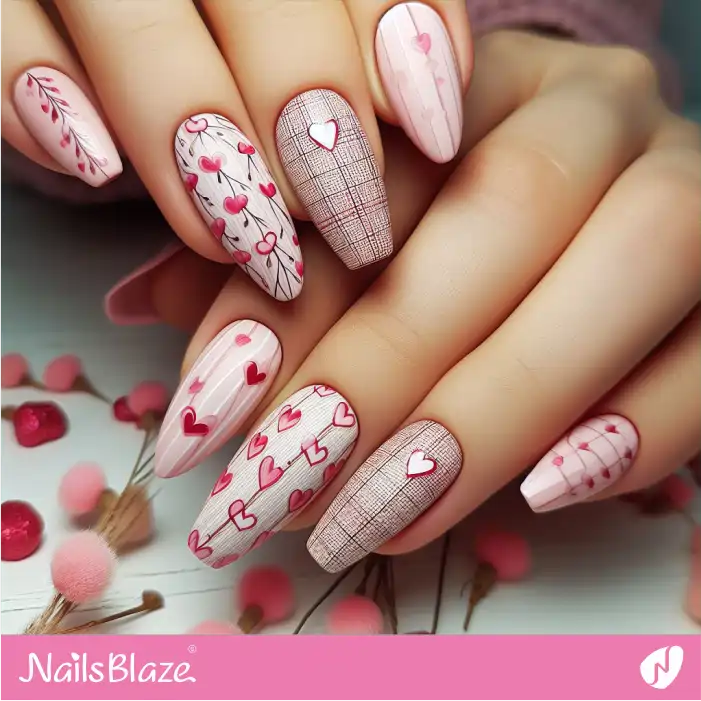 Valentine Hearts Nail Design on Faux Linen Pattern | Valentine Nails - NB2321